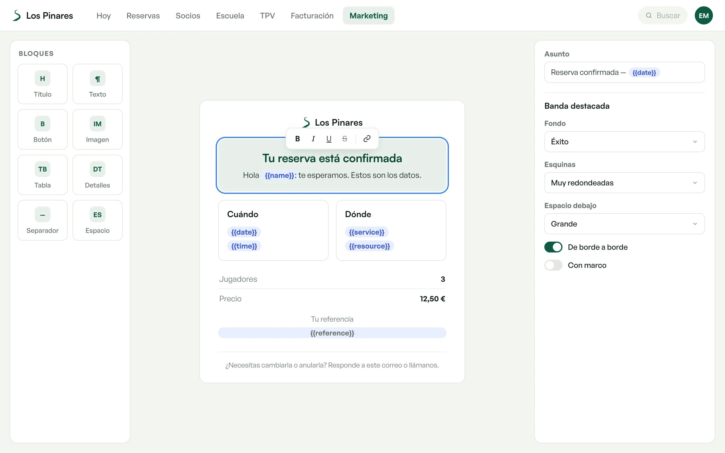El editor de correos de Sendero: la confirmación de reserva del club, con su marca, editada por bloques